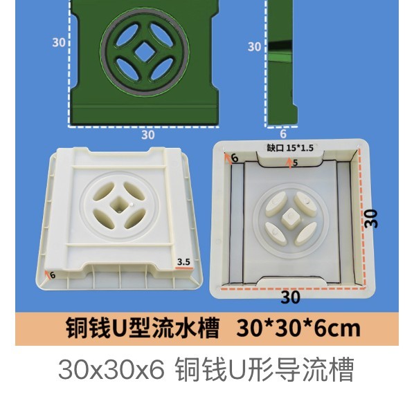 Coin-pattern U-shaped flow channel mould 30×30×6cm 15×1.5cm notch