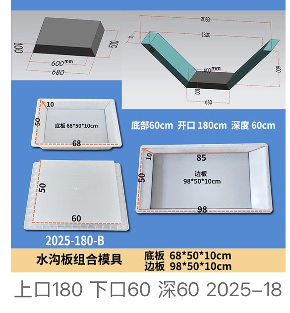 Assembled trapezoidal drainage channel liner mould set, opening 180cm