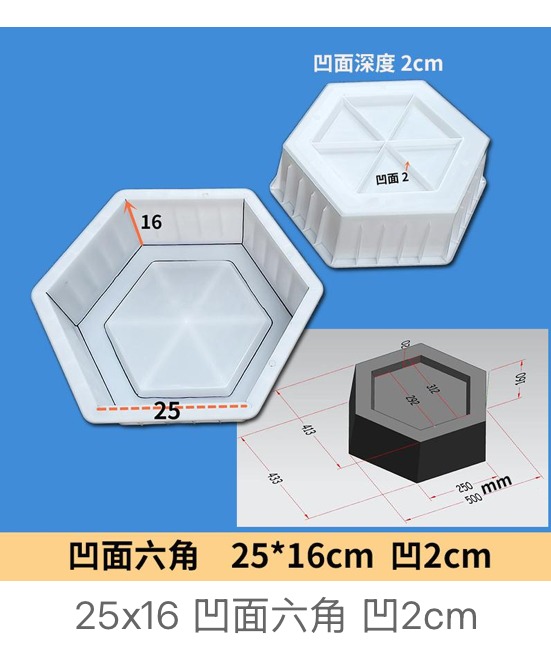 Concave Hexagon Paver Mould 25×16cm (2cm recess)
