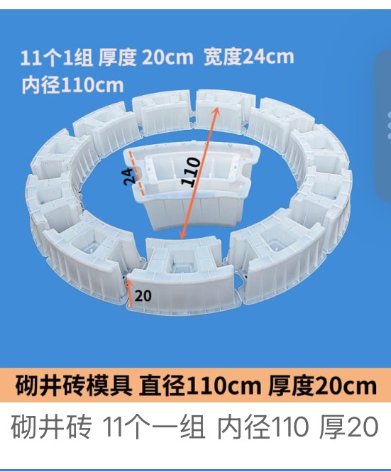 Plastic mould for curved concrete shaft ring brick, 11 bricks per 110 cm inner diameter ring