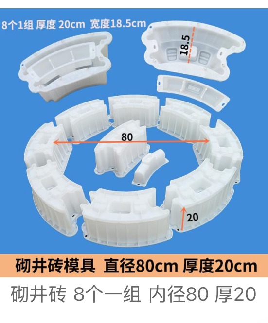 Plastic mould for curved concrete shaft ring brick, 8 bricks per 80 cm inner diameter ring, 20 cm high