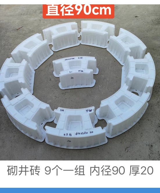 Plastic mould tooling view for curved concrete shaft ring brick, 9 bricks per 90 cm inner diameter ring