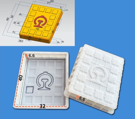 grid pattern railway emblem Tie Biao cover mould 40x32x6.6cm with engineering drawing
